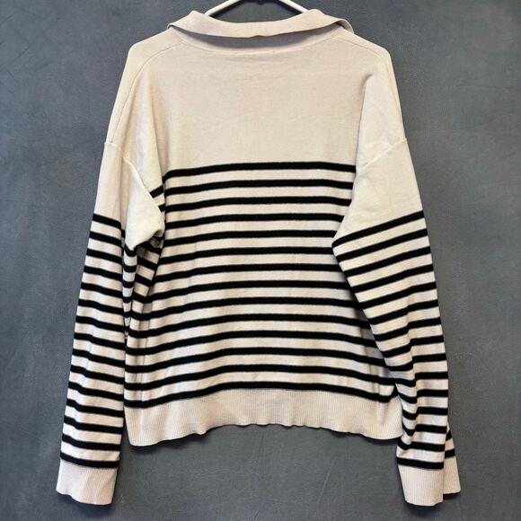 Cropped Striped Collared Pullover Sweater Beige Black Women’s Top Preppy Casual - Picture 2 of 9